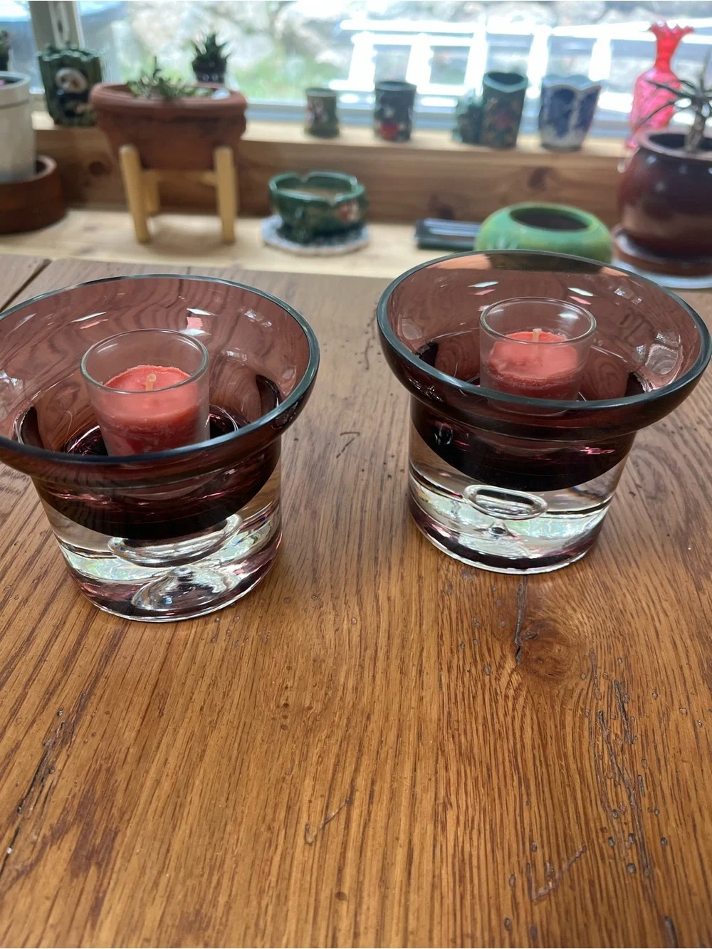 Vintage Krosno Poland Amethyst Glass Votive Candle Holders - Set of 2